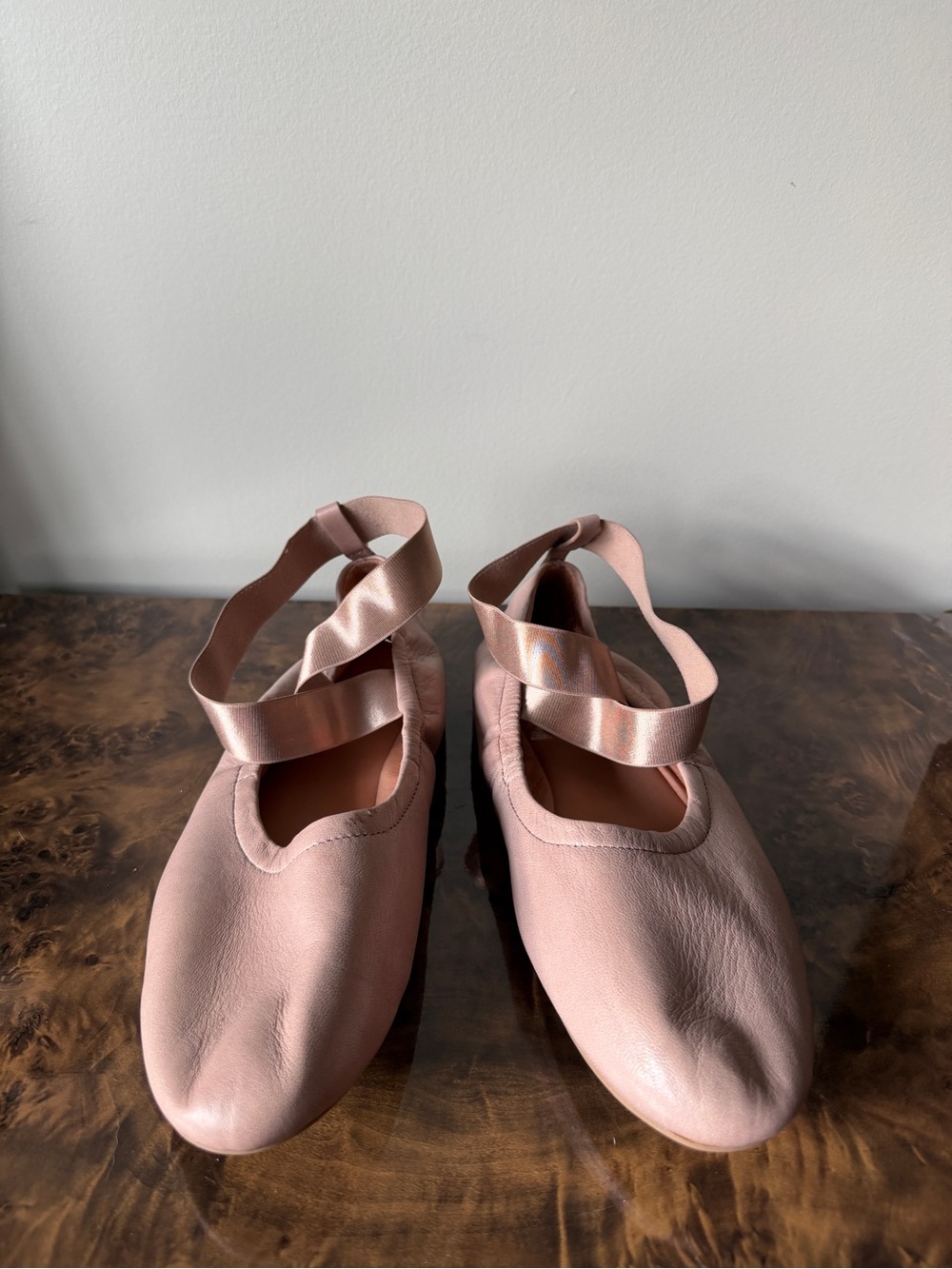 gentle souls Powder Pink Leather Ballet Flats with Satin Elastix Ankle Straps